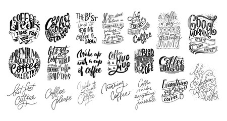 Wall Mural - Set of Hand lettering quotes with sketches for coffee shop or cafe. Hand drawn vintage typography collection isolated on white background
