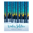 © TeddyandMia - Winter Solstice greeting card design. Colorful evening sky with sunset and stars behind silhouette of tall bare trees. Vector Illustration.