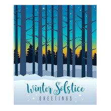 Winter Solstice Greeting Card Design. Colorful Evening Sky With Sunset And Stars Behind Silhouette Of Tall Bare Trees. Vector Illustration.