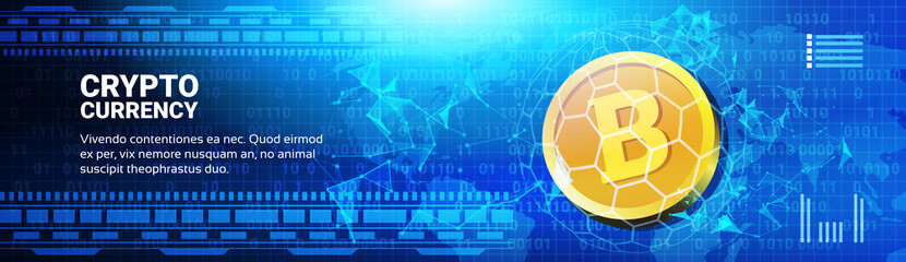 Poster - Golden Bitcoin On World Map Horizontal Banner Web Money Networking Technology Crypto Currency Concept Vector Illustration