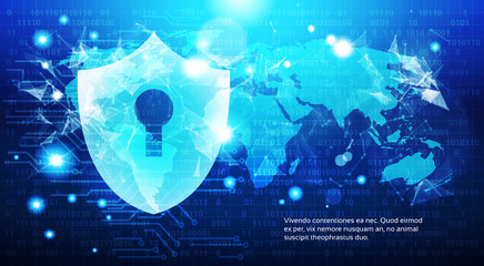 Poster - Protection Shield Over World Map Blue Circuit Background Business Concept Of Global Data Security Vector Illustration