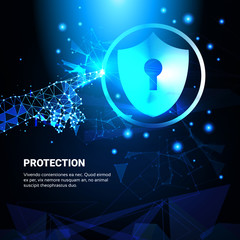 Poster - Hand Touch Protection Shield Blue Polygonal Over Business Concept Of Data Security Vector Illustration