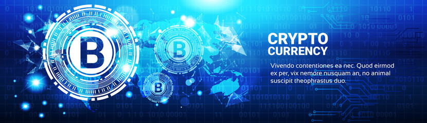 Poster - Crypto Currency Concept Bitcoin Sign On Blue World Map Modern Web Money Technology Horizontal Banner Vector Illustration