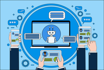 Poster - Chat Bot Concept Hand Holding Laptop, Tablet And Smart Phone Chatting With Chatter Online Support Service Technology Concept Vector Illustration