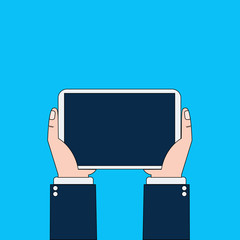 Poster - Business Man Hands Holding Digital Tablet Computer Isolated On Blue Background Thin Line Design Vector Illustration