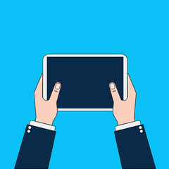 Poster - Business Man Hands Holding Digital Tablet Computer Isolated On Blue Background Thin Line Design Vector Illustration