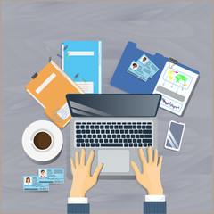 Poster - workplace top angle view concept business man sit at office desk working at laptop computer document