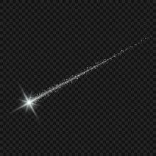 Vector Light Effect. Golden Comet With Glowing Tail Of Shining Stardust Sparkles, Gold Glittering Star Dust 