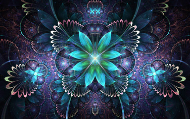 Wall Mural - Dark colorful fractal flower, digital artwork for creative graphic design