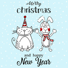 Greeting Card Merry Christmas Or New Year Illustration Card With Funny Dog And Cat.