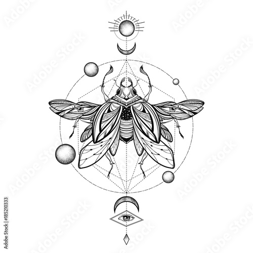 Fotografía Beetle bug tattoo drawing. Scarab bug illustration