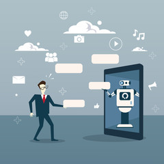 Poster - chatbot concept man communication with chat bot from digital tablet vector illustration