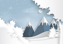 Mountains And Nature Landscape On Snow Winter Background.For Merry Christmas And Happy New Year Paper Art Style.Vector Illustration.