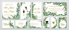 Wedding Invitation Frame Set; Flowers, Leaves, Watercolor, Isolated On White. Sketched Wreath, Floral And Herbs Garland With Green, Greenery Color. Handdrawn Vector Watercolour Style, Nature Art.