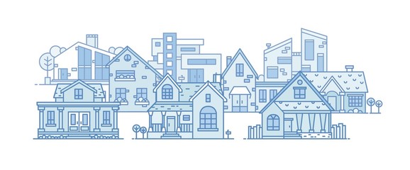 Fototapete - Suburban landscape with various city buildings built in different architectural style. Cityscape with residential houses. Panoramic view of town district. Vector illustration in line art style.