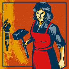 Vintage Propaganda Poster And Elements. Retro Clip Art Of A Feminist Voice Against Power.