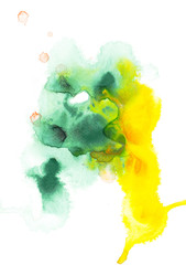 Sticker - Abstract painting with green and yellow watercolor paint blots on white