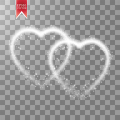 Happy Valentines Day greeting card. I Love You. 14 February. Holiday background with two hearts, light, stars on transparent background. Vector Illustration