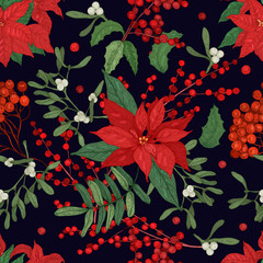 Poster - Elegant seamless pattern with parts of winter plants - poinsettia, mistletoe, branches of rowan tree with berries, holly leaves. Hand drawn vector illustration for wrapping paper, textile print.