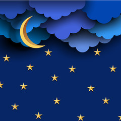 Wall Mural - blue paper clouds on night sky with paper moon and stars