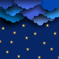 Wall Mural - paper blue clouds on night sky with paper stars