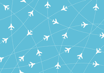 Wall Mural - Airplane routes. Air travel. Air traffic silhouette. White airplanes isolated on blue background. Web site page and mobile app design element.