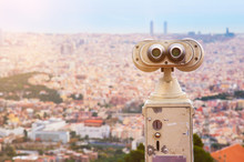 Tower Viewer On Summit Of Mount Tibidabo Overlooking City Of Barcelona