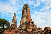 The Ruins Of Ancient City On A Background Of A Blue Sky. Ayutthaya Historical Park. Ayutthaya, Thailand.