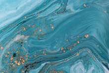 Marble Abstract Acrylic Background. Nature Blue Marbling Artwork Texture. Golden Glitter.