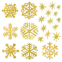 Watercolor Snowflakes And Stars In Gold. Christmas And New Year Clip Art Collection