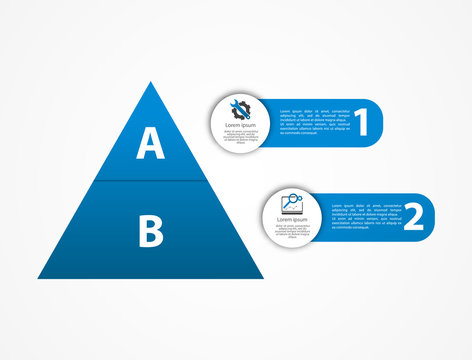 Modern vector illustration 3d. Pyramid template infographics with two elements, levels. Contains icons and text. Designed for business, presentations, web design, diagrams with 2 steps