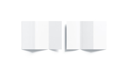 Fototapete - Blank white z-folded booklet mockup, front and back side, top view, 3d rendering. Plain trifold brochures mock ups set isolated. Book cover and three flier inside, copy space.