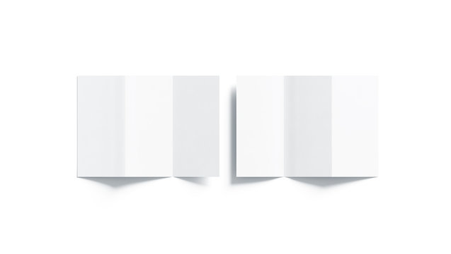 Blank white z-folded booklet mockup, front and back side, top view, 3d rendering. Plain trifold brochures mock ups set isolated. Book cover and three flier inside, copy space.