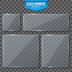 Poster - Creative vector illustration of glass plates, empty blank banners isolated on transparent background. Art design realistic mock up. Abstract concept graphic element