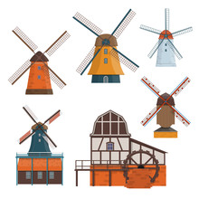 Set Of Traditional Rural Windmill And Watermill