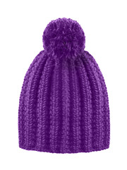 Sticker - Violet woolen winter cap hat with a pom pom pompon isolated on white