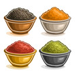 Vector set of Indian spices in bowl, heap of dried black pepper, oriental condiment curry, homemade seasoning chili or paprika powder, green ground fennel seed, set of various icons for indian cuisine