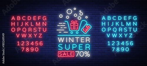 Winter Sales Banner In Neon Style Vector Illustration On Winter