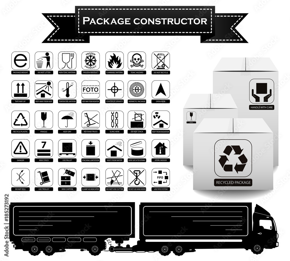 Package constructor. Packaging symbols. Icon set including waste ...
