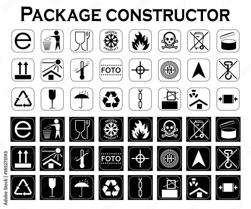 Package constructor. Packaging symbols. Icon set including waste ...