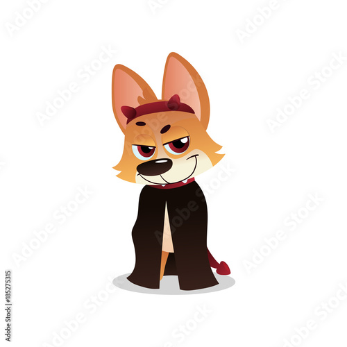 Fotografie, Obraz Funny corgi in black cloak with devil horns and tail