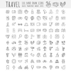 travel hand draw icons. icon lined cartoon collection about adventure, outdoor activities, beach, su