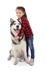 Sticker - Little girl with cute Husky dog on white background