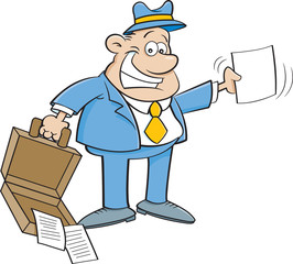 Cartoon illustration of a businessman holding an open briefcase and a paper.