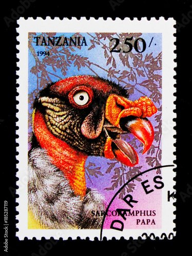 Poster MOSCOW, RUSSIA - OCTOBER 3, 2017: A stamp printed in Tanzania shows King Vulture