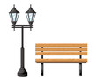 Outdoor wood bench and metal street light front view object for park cottage and yard vector illustration isolated on white background website page and mobile app design