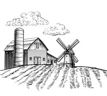 Windmill On Agricultural Field On Background Trees And Rural Landscape Hand Drawn Sketch Style Illustration. Black And White Rural Farm Landscape Vector Image