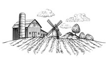 Farm Barn And Windmill On Agricultural Field On Background Trees Rural Landscape Hand Drawn Sketch Style Horizontal Illustration. Black And White Rural Landscape Vector Illustration