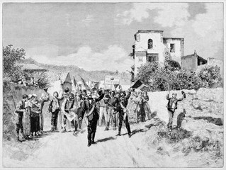 Wall Mural - Crowd of insurrection people waving their flags and leader on an ancient countryside.  Rosolino Pilo leading a political demonstration in Sicily. By E. Matania on Garibaldi e i Suoi Tempi Milan 1884