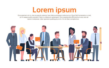 Poster - group of business people working brainstorming, businesspeople team sitting together at desk discuss